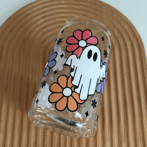 Retro Lilies Ghosts Glass Can, Halloween Glass Can NWT - Picture 2 of 5